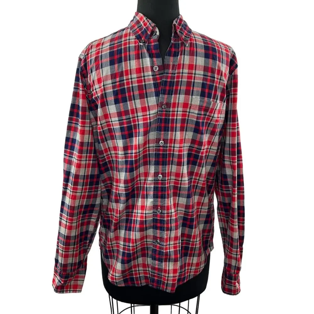 J. Crew Slim Red Blue Plaid Cotton Long Sleeve Button Down Shirt 93064 Men's M